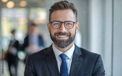 Middle-aged, bearded professional business man in a suit. He has a happy smile and is wearing glasses