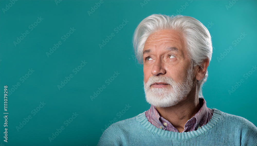 Older man with a curious expression gazes thoughtfully towards the side in a bright teal setting, showcasing his raised eyebrow and pursed lips in contemplation Older man with a curious expression gazes thoughtfully towards the side in a bright teal setting, showcasing his raised eyebrow and pursed lips in contemplation