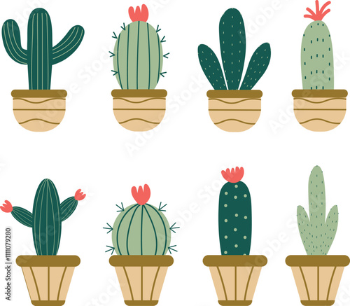 Set of cute cactus collection, wild cactus plant vector illustration, green dessert succulent plants.