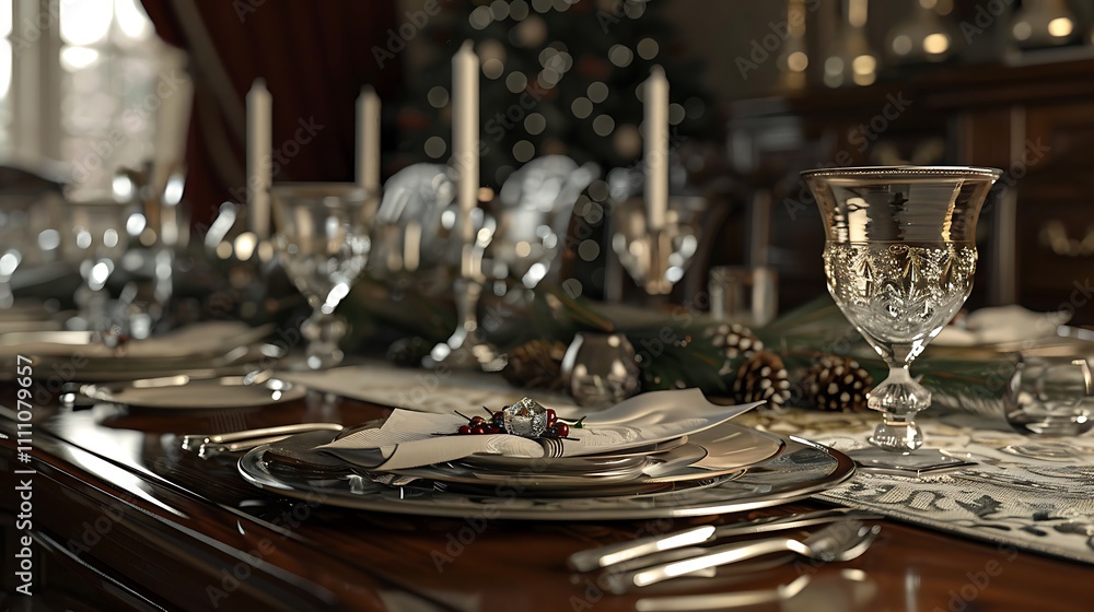 A beautifully set Christmas dinner table with crystal stemware and silver napkin rings. A beautifully set Christmas dinner table with crystal stemware and silver napkin rings.