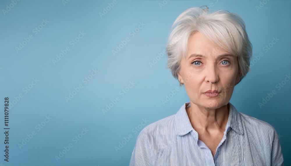 Older woman with a sad expression, downturned lips and misty eyes, poses against a light blue background, creating a poignant atmosphere that evokes emotions Older woman with a sad expression, downturned lips and misty eyes, poses against a light blue background, creating a poignant atmosphere that evokes emotions