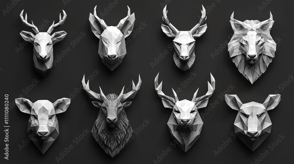 Set of polygonal animal portraits Collection of geometric Set of polygonal animal portraits Collection of geometric