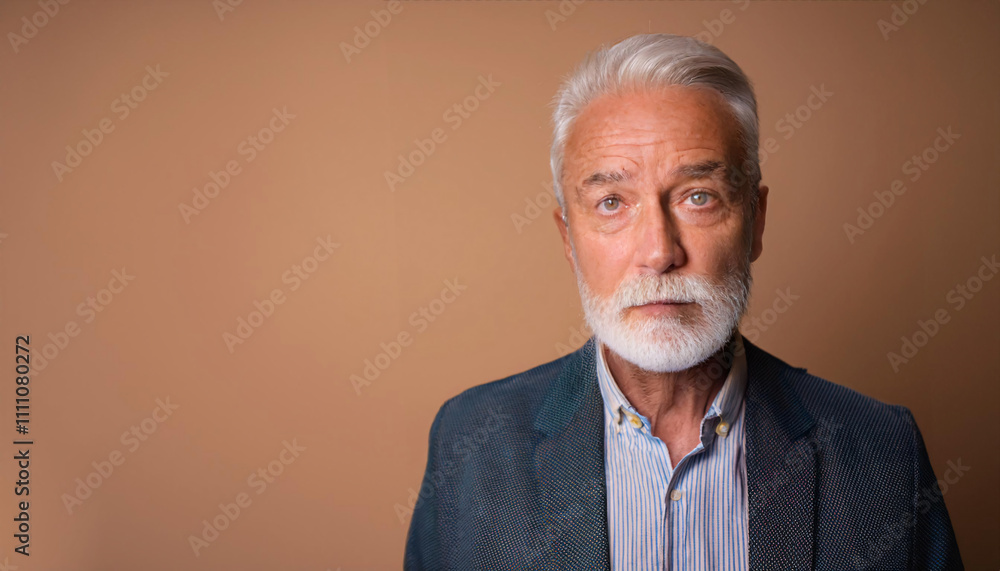 Elderly man with white beard wearing a blue suit and striped shirt stands in front of a pastel background, providing ample copy space for text insertions Elderly man with white beard wearing a blue suit and striped shirt stands in front of a pastel background, providing ample copy space for text insertions