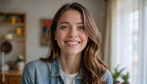 Free Download Close up portrait of smiling young Caucasian woman look at camera feel excited optimistic. - GFXLoad