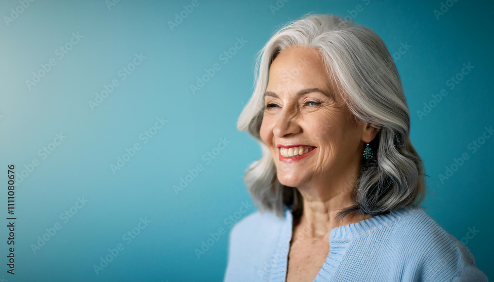 Smiling older woman with gray hair in a blue pastel setting enjoying a moment of joy and happiness Smiling older woman with gray hair in a blue pastel setting enjoying a moment of joy and happiness