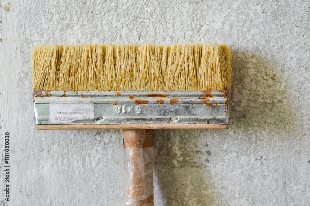 Φωτογραφία close-up paintbrush with natural bristles metal ferrule shows signs of rust wood