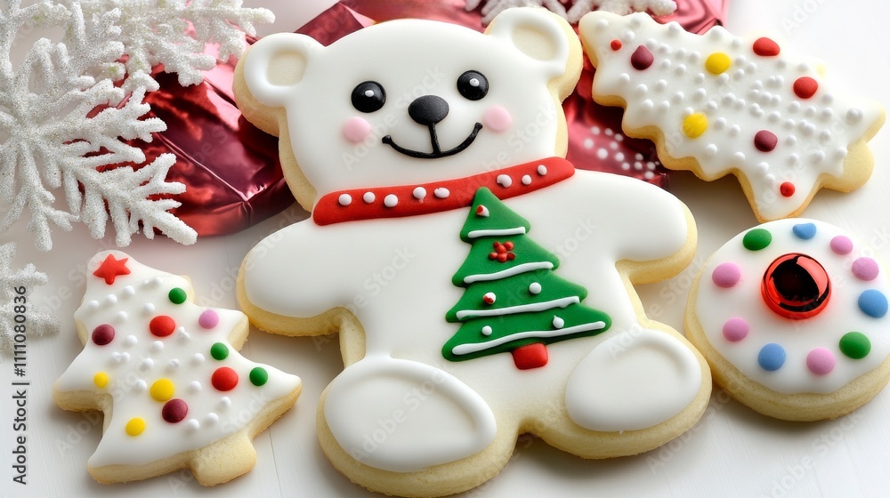 Sugar cookies in the form of a cute polar bear, decorated with icing, on a white Christmas-style table, photo, close-up Sugar cookies in the form of a cute polar bear, decorated with icing, on a white Christmas-style table, photo, close-up