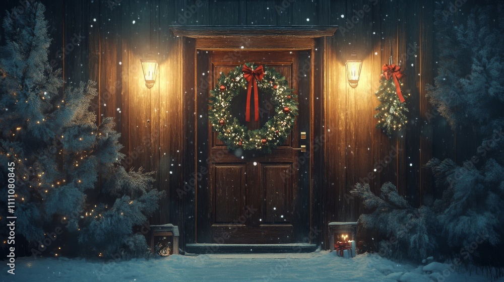 Obraz premium A Snowy Christmas Eve with a Lit Door and Wreaths
