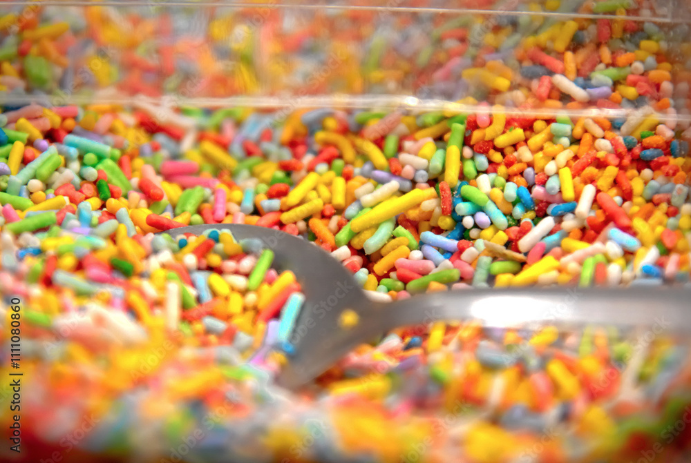 Colorful sweet chocolate sprinkles in a clear container with a spoon inside. Colorful sweet chocolate sprinkles in a clear container with a spoon inside.