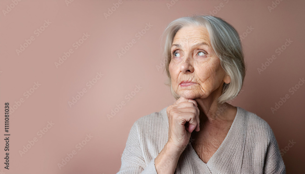 Puzzled older woman deep in thought, contemplating with a curious expression against a pastel background Puzzled older woman deep in thought, contemplating with a curious expression against a pastel background