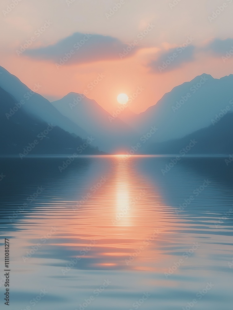 Serene sunset over calm lake. Mountains reflect on water surface. Soft colors of sunrise paint sky, water. Peaceful, tranquil lake scene. Beautiful natural landscape. Ideal for travel, tourism Serene sunset over calm lake. Mountains reflect on water surface. Soft colors of sunrise paint sky, water. Peaceful, tranquil lake scene. Beautiful natural landscape. Ideal for travel, tourism