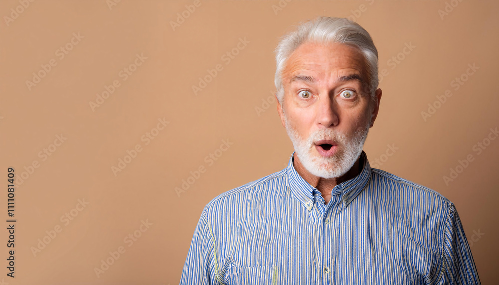Obraz premium Surprised older man showing expression of shock against a pastel background with ample copy space for text or design purposes