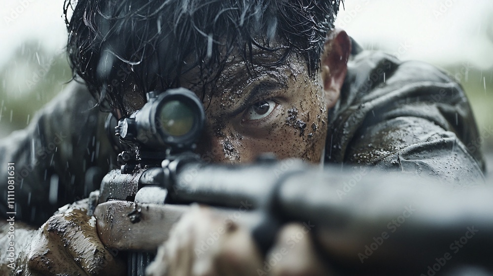 a soldier lies in a field, rain is falling, his face covered in mud, he presses a rifle to his chest and aims it at someone ahead. The rifle partially obscures his face. a soldier lies in a field, rain is falling, his face covered in mud, he presses a rifle to his chest and aims it at someone ahead. The rifle partially obscures his face.