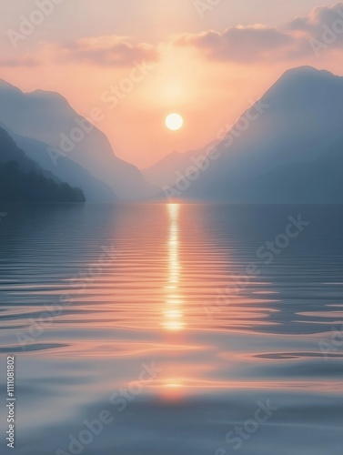 Serene sunset over a lake. Calm water reflects the vibrant colors of the setting sun. Mountains create a backdrop to the tranquil scene. Ideal for travel, nature, or peace themed projects.