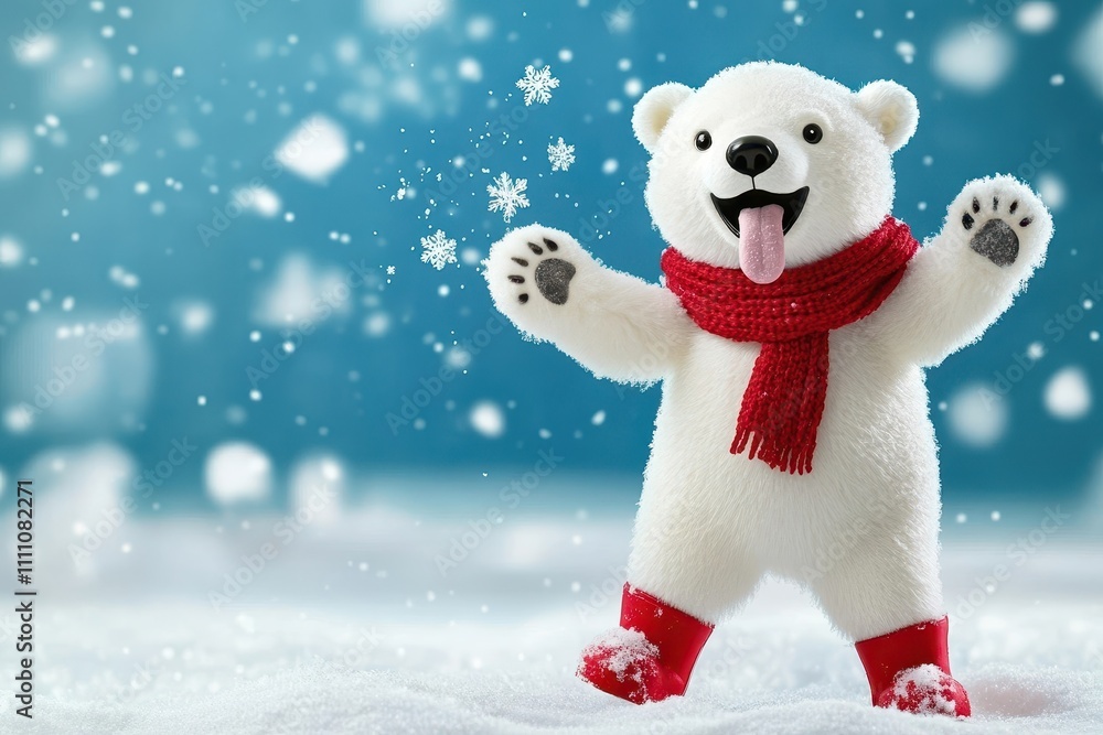 Cartoon polar bear with red scarf and boots in snow with snowflakes, symbolizing winter fun and joy. Cartoon polar bear with red scarf and boots in snow with snowflakes, symbolizing winter fun and joy.