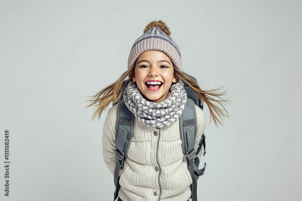Joyful child dressed in warm winter attire, smiling brightly while standing in a minimalist studio environment Joyful child dressed in warm winter attire, smiling brightly while standing in a minimalist studio environment