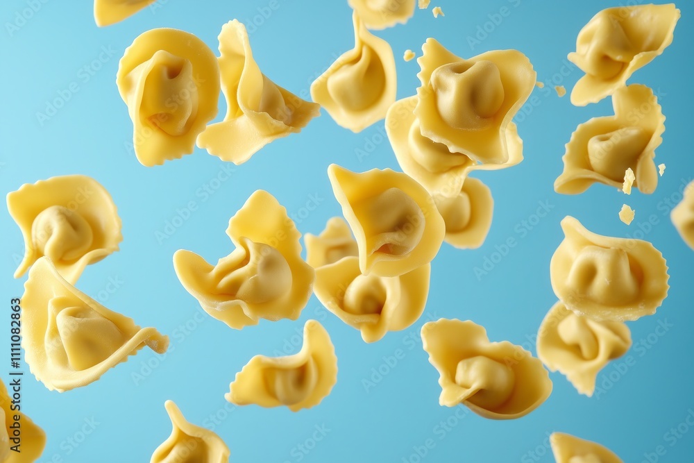 National Tortellini Day, delicious tortellinis flying around, blue solid color background, February 13 National Tortellini Day, delicious tortellinis flying around, blue solid color background, February 13