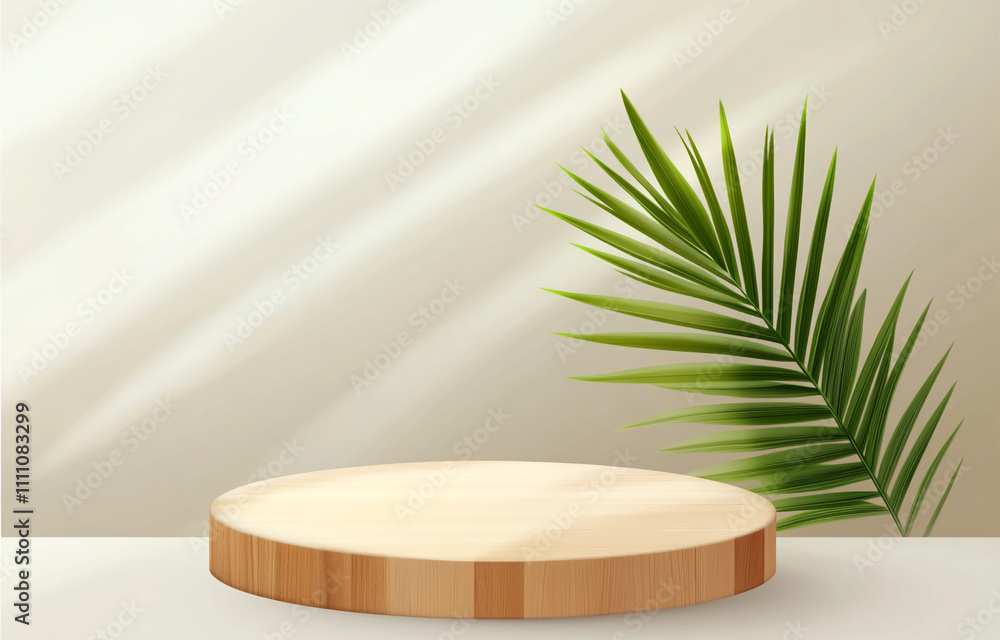Display platform with green palm leaf set against soft background Display platform with green palm leaf set against soft background