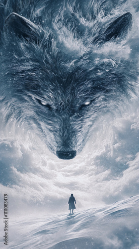 Giant wolf apparition looming over solitary wanderer in winter storm photo