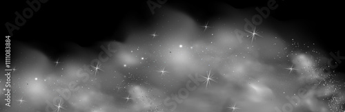 Mystery dark background with glowing particles, stardust, and glittering stars, creating a colorful, ethereal fog. Vector illustration with vibrant, multicolored steam and vapor.