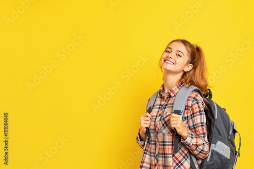 Young woman in a checkered shirt smiles happily while holding her backpack against a bright yellow backdrop