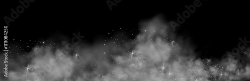 Mystery dark background with glowing particles, stardust, and glittering stars, creating a colorful, ethereal fog. Vector illustration with vibrant, multicolored steam and vapor.