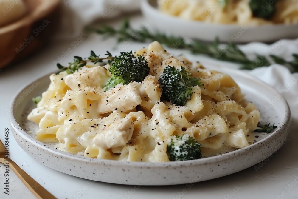 Delicious Chicken Alfredo with Broccoli Served on a White Table Delicious Chicken Alfredo with Broccoli Served on a White Table