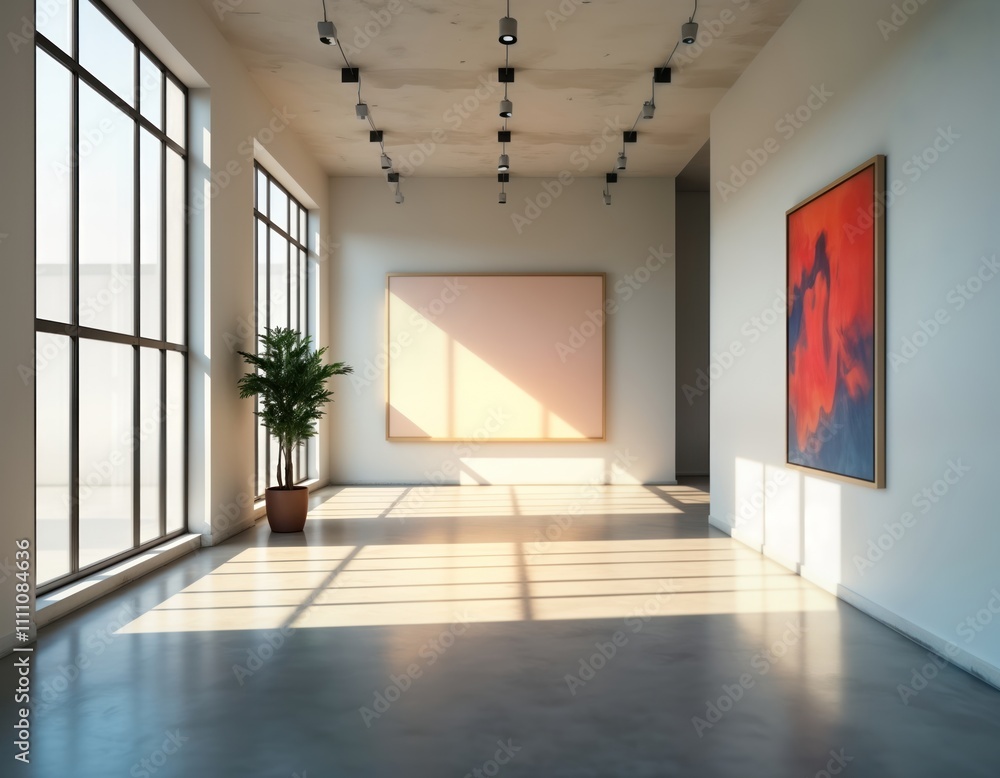 Empty art gallery space with large windows. Natural light casts shadows on concrete floor. Blank canvas, artwork on white walls. Modern, contemporary design. Interior artistic presentation. Empty art gallery space with large windows. Natural light casts shadows on concrete floor. Blank canvas, artwork on white walls. Modern, contemporary design. Interior artistic presentation.