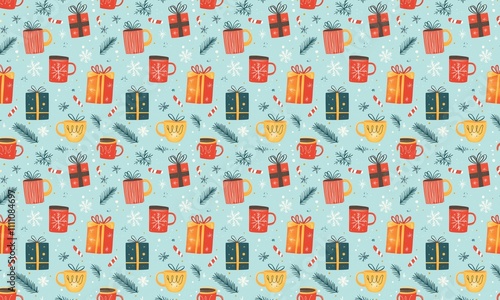 seamless pattern of Christmas cozy mugs gifts  red gold blue festive winter holiday