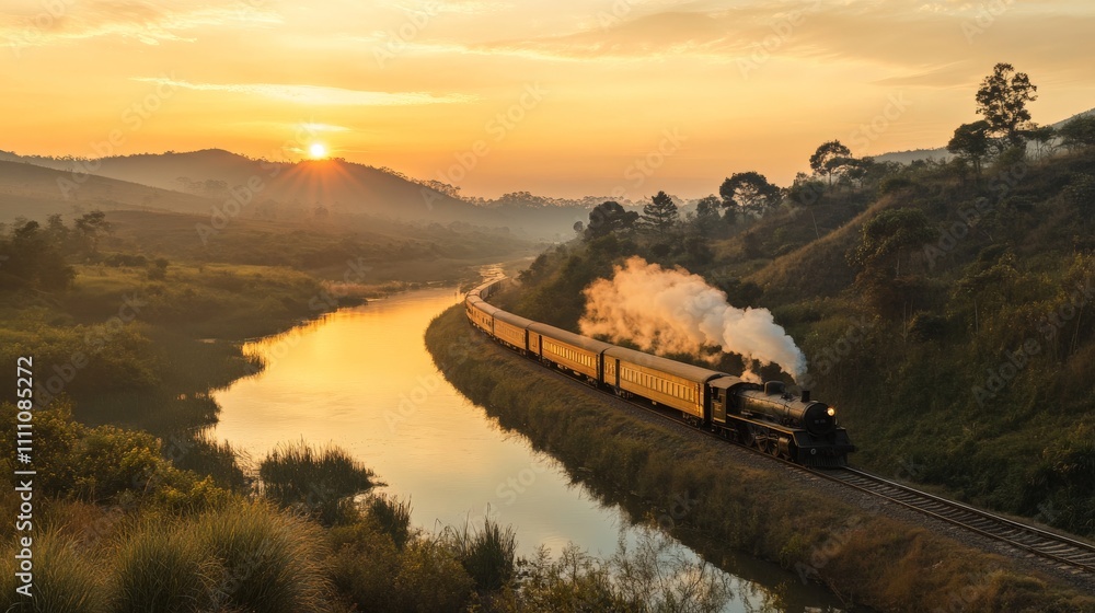 Fototapeta premium Scenic sunset train journey through rolling hills and serene river landscapes.