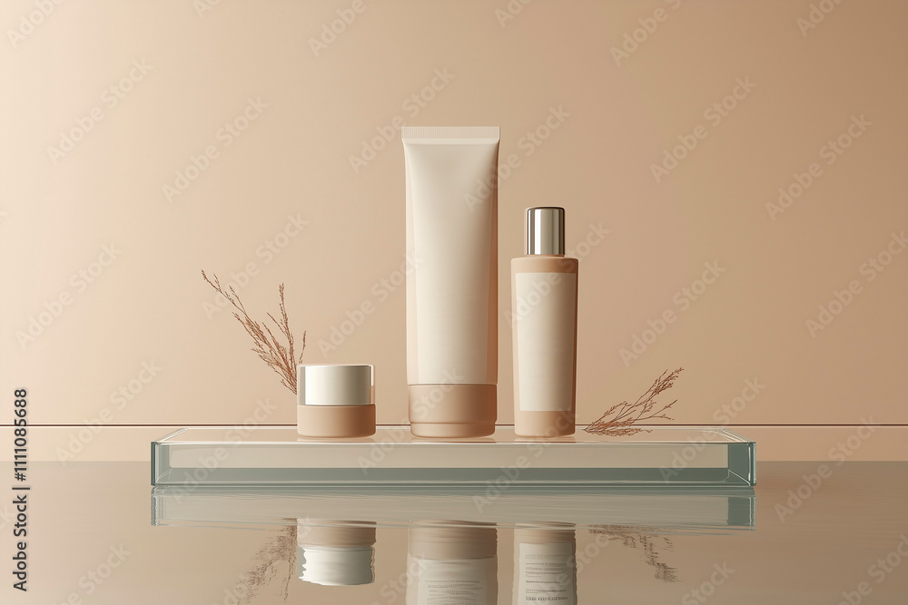 set of cosmetic products. beige cosmetic products on the podium against beige background. product photography. AI Generated set of cosmetic products. beige cosmetic products on the podium against beige background. product photography. AI Generated