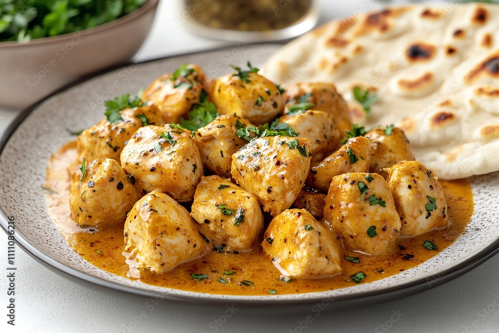 Delicious Chicken Korma Served with Naan on a White Table Setting Delicious Chicken Korma Served with Naan on a White Table Setting