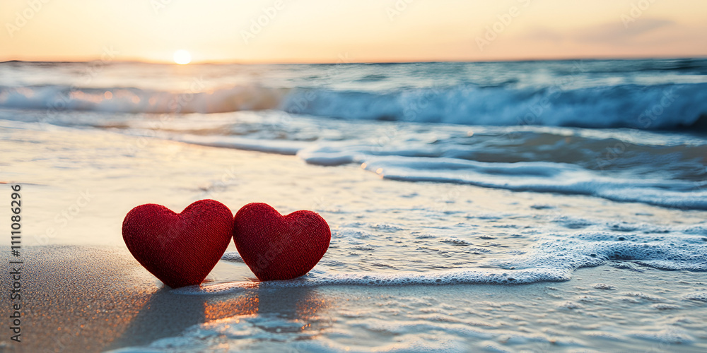 Fototapeta premium Red Hearts on Sandy Beach with Ocean Waves