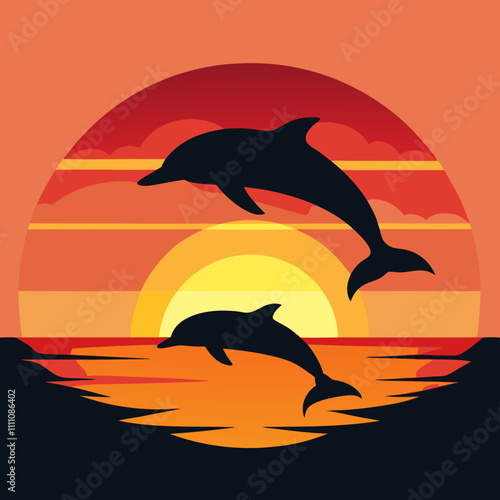 Dolphins jumping over a sunset.