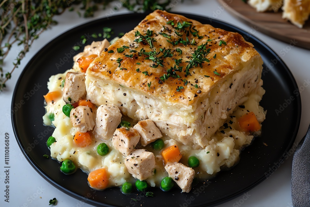 Delicious Chicken Pot Pie Served on a Black Table - Top View Delicious Chicken Pot Pie Served on a Black Table - Top View