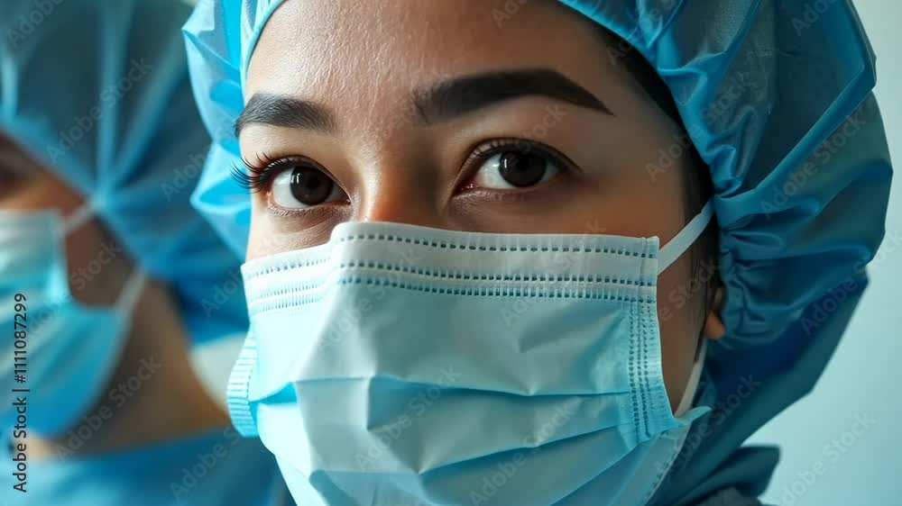 Healthcare workers wearing masks and personal protective equipment in hospitals, asian female doctor looking at camera Healthcare workers wearing masks and personal protective equipment in hospitals, asian female doctor looking at camera