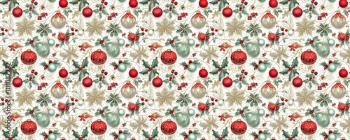 seamless pattern of Elegant Christmas ornaments red gold teal white background festive winter holiday design 