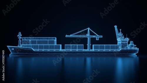 advanced hologram background of industrial cargo container ship loading at logistics terminal port with glowing lines and particles on dark background.