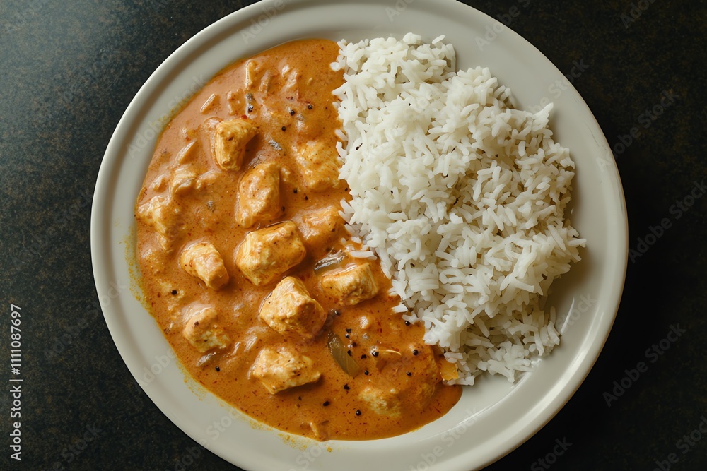 Delicious Chicken Tikka Masala Served with Rice on a Black Tabletop Delicious Chicken Tikka Masala Served with Rice on a Black Tabletop