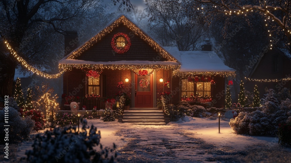 A Festive Brick House Decorated for Christmas with String Lights and Wreaths A Festive Brick House Decorated for Christmas with String Lights and Wreaths