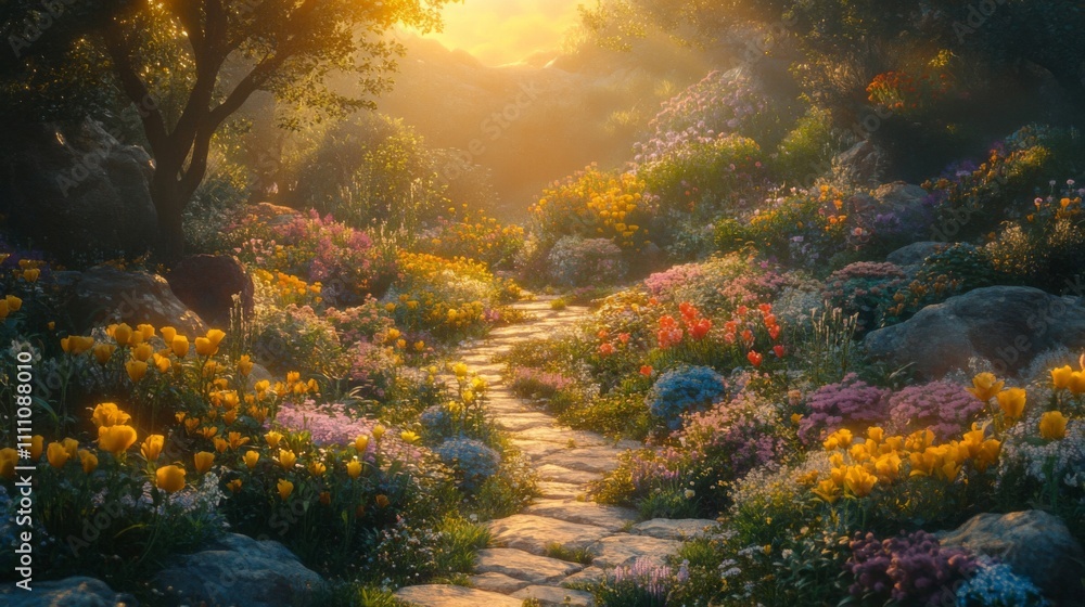 Sunlit Stone Path Winding Through Vibrant Flower Garden Sunlit Stone Path Winding Through Vibrant Flower Garden