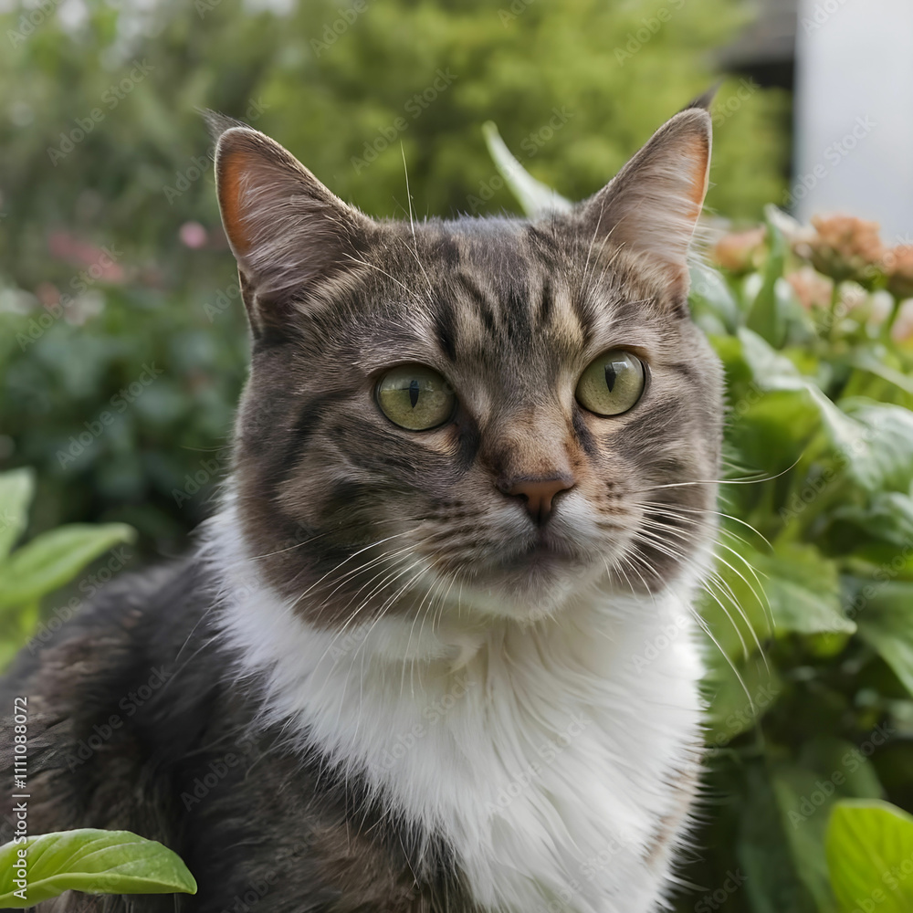 Fototapeta premium Closeup shot of a cat in a garden during the day