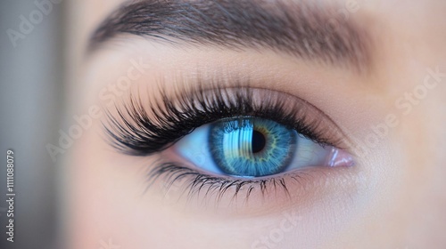 Mesmerizing close-up of a vibrant blue-green human eye with long, luxurious eyelashes and perfectly groomed eyebrow, showcasing beauty and allure.