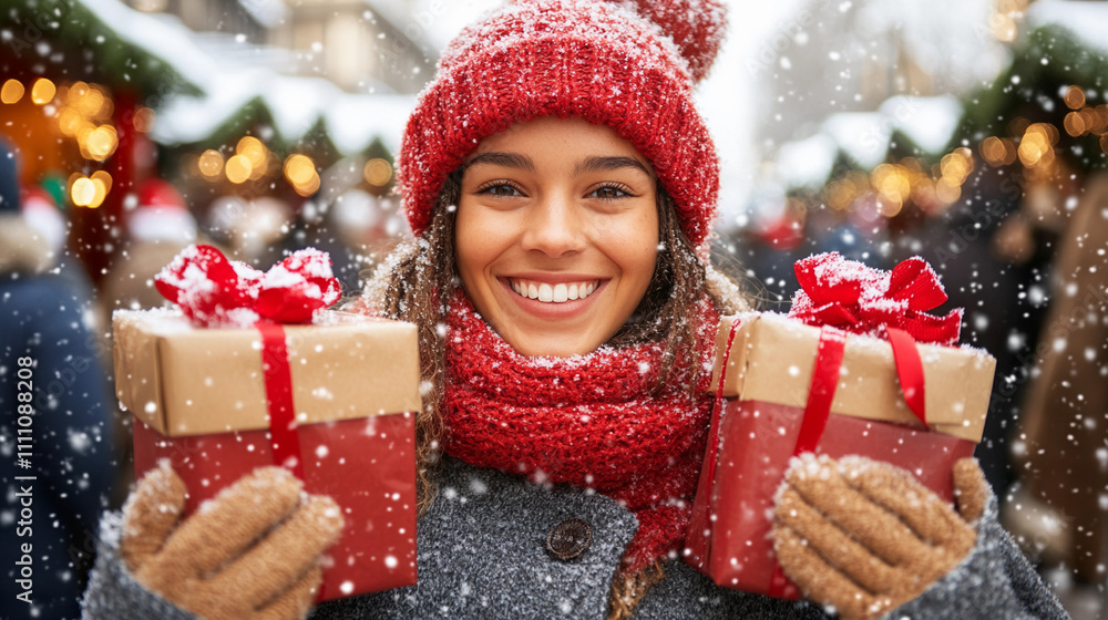 Smiling young woman holding Christmas gifts at a festive market during snowfall Smiling young woman holding Christmas gifts at a festive market during snowfall