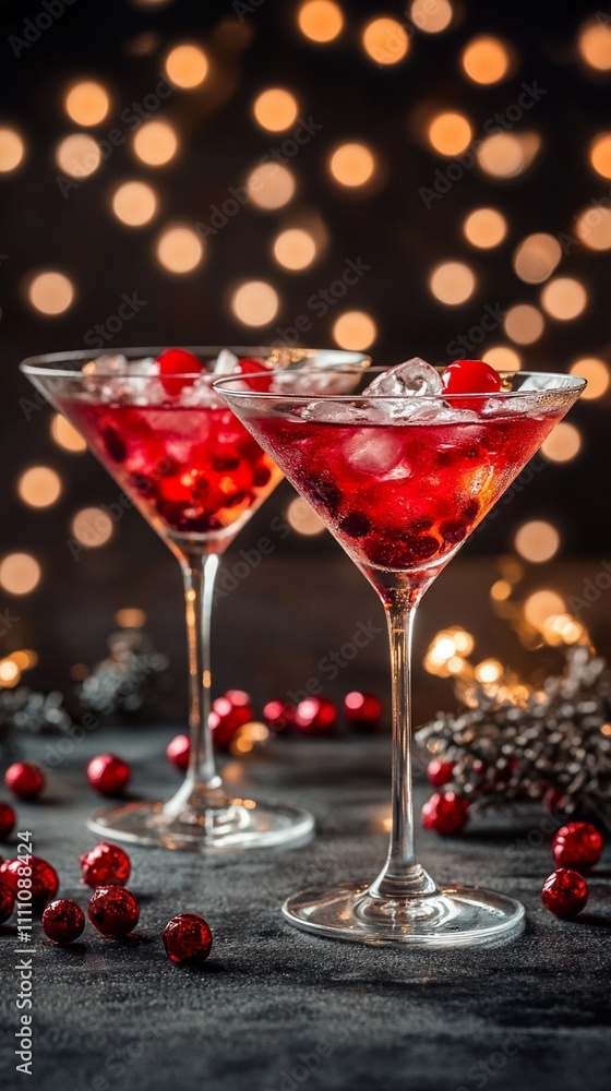 Festive cranberry martinis sparkle against a backdrop of golden bokeh lights, creating a magical holiday atmosphere perfect for celebration and cheer. Festive cranberry martinis sparkle against a backdrop of golden bokeh lights, creating a magical holiday atmosphere perfect for celebration and cheer.