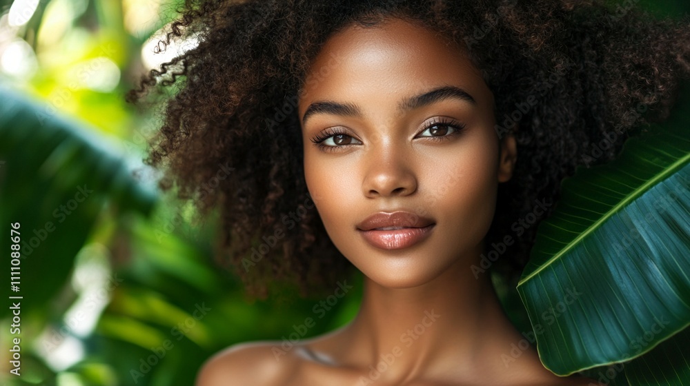 Radiant beauty embraced by lush tropical foliage, her natural curls framing a serene expression as sunlight dapples through verdant leaves, evoking warmth and vitality. Radiant beauty embraced by lush tropical foliage, her natural curls framing a serene expression as sunlight dapples through verdant leaves, evoking warmth and vitality.