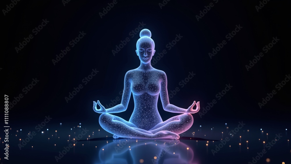 Advanced hologram of woman doing yoga meditation with glowing lines and particles on dark background. Advanced hologram of woman doing yoga meditation with glowing lines and particles on dark background.