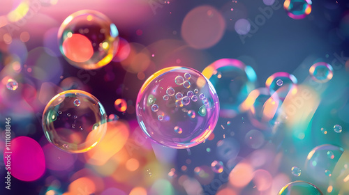 A colorful arrangement of soap bubbles in soft focus. Iridescent shimmers dance across the spheres, creating a dreamy effect