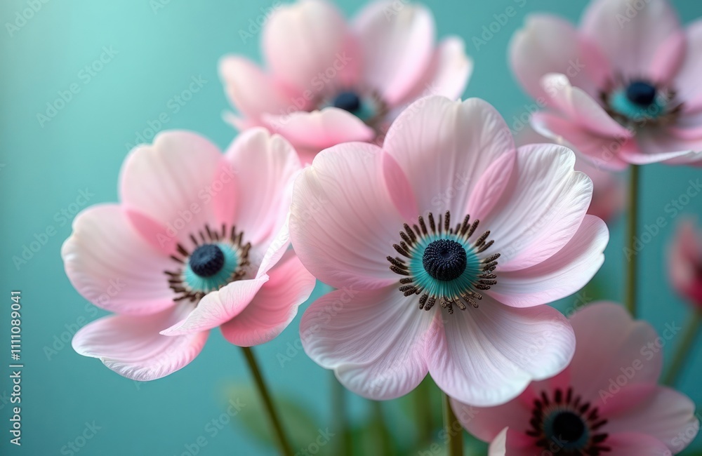 Close up view of delicate pink anemones in bloom. Vibrant soft pink flowers with turquoise centers. Springtime floral display. Beautiful, natural. Close-up image of nature, botany. Flowers bloom Close up view of delicate pink anemones in bloom. Vibrant soft pink flowers with turquoise centers. Springtime floral display. Beautiful, natural. Close-up image of nature, botany. Flowers bloom