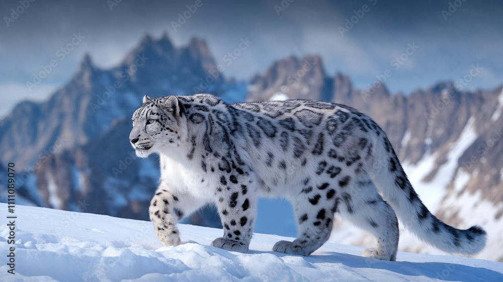 Elegant Snow Leopard Walking on Snow in the Mountains against Sky - Vulnerable Species Elegant Snow Leopard Walking on Snow in the Mountains against Sky - Vulnerable Species